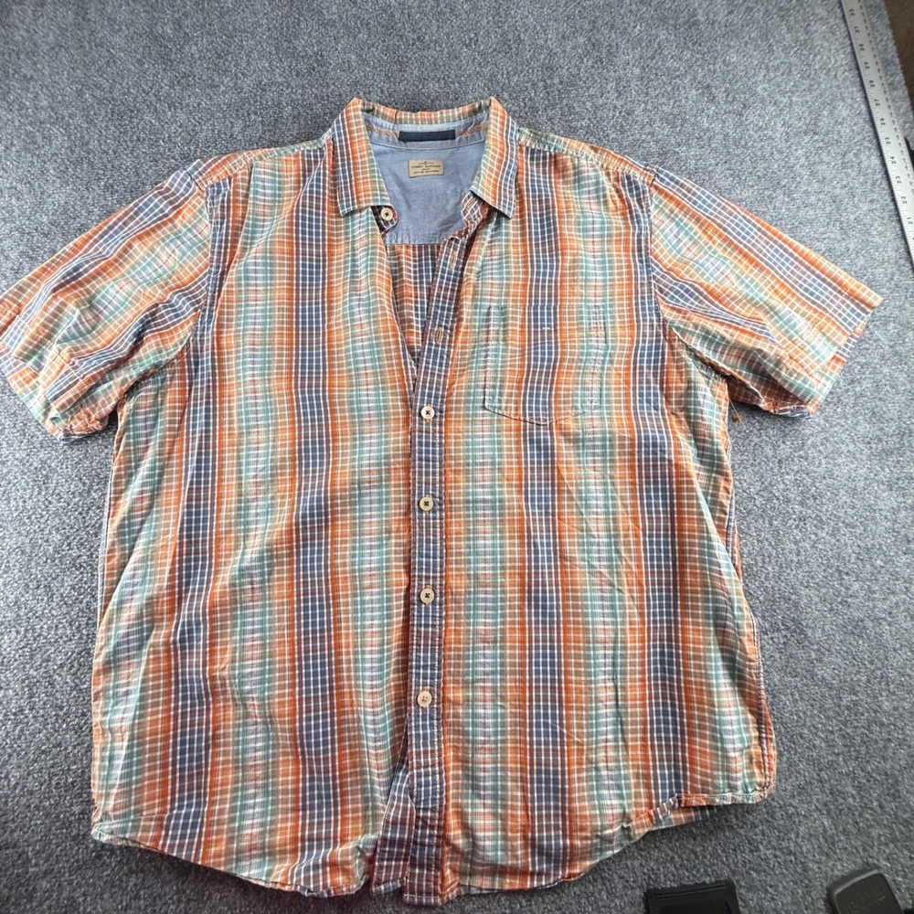 Tommy Bahama Jeans Mens XL Plaid Short Sleeve Button Down Shirt Orange Blue